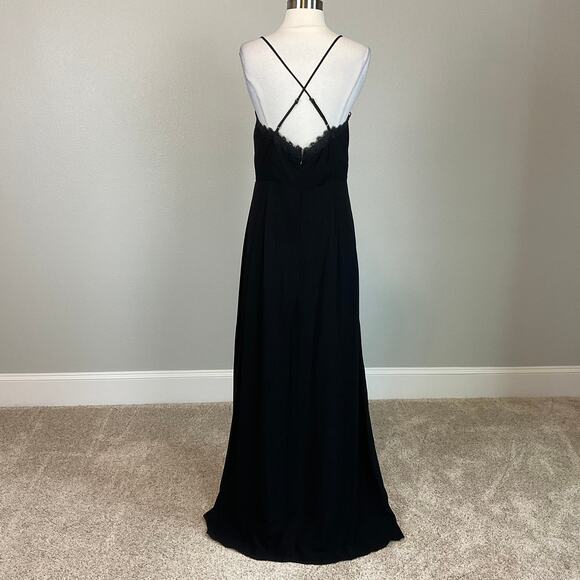 AQUA Backless Lace Trim Long A-Line Evening Gown Black Size 6 Medium Dress - Picture 2 of 11